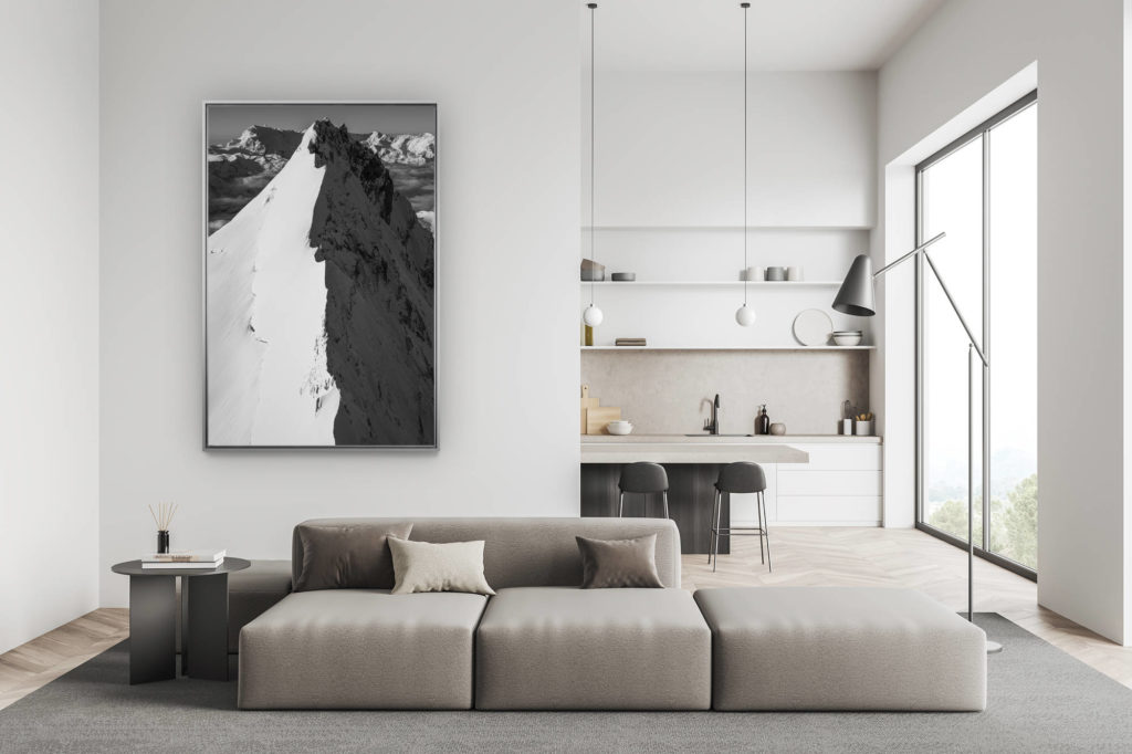 décoration salon suisse moderne - déco montagne photo grand format - Photo noir et blanc de l'arete nord weisshorn