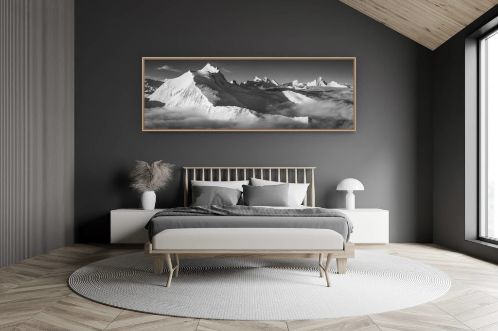 décoration chambre adulte moderne dans petit chalet suisse- photo montagne grand format -