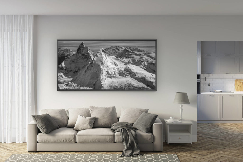 déco salon rénové - tendance photo montagne grand format - panorama montagnes suisses noir et blanc - achat oeuvre d'art Cervin