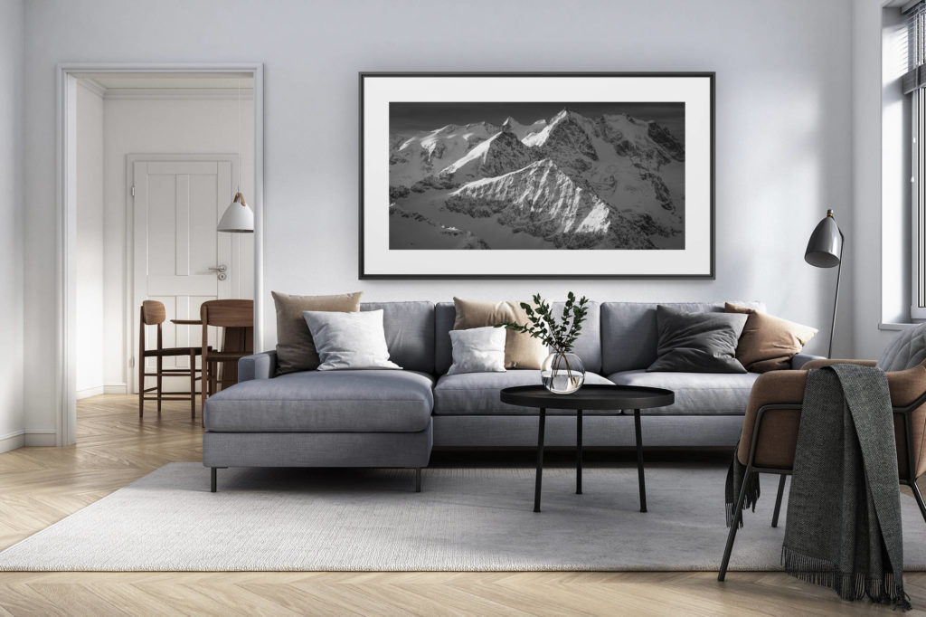 décoration intérieur salon rénové suisse - photo alpes panoramique grand format - panorama sur les montagne de st moritz dans le canton des grisons - oeuvre art noir et blanc