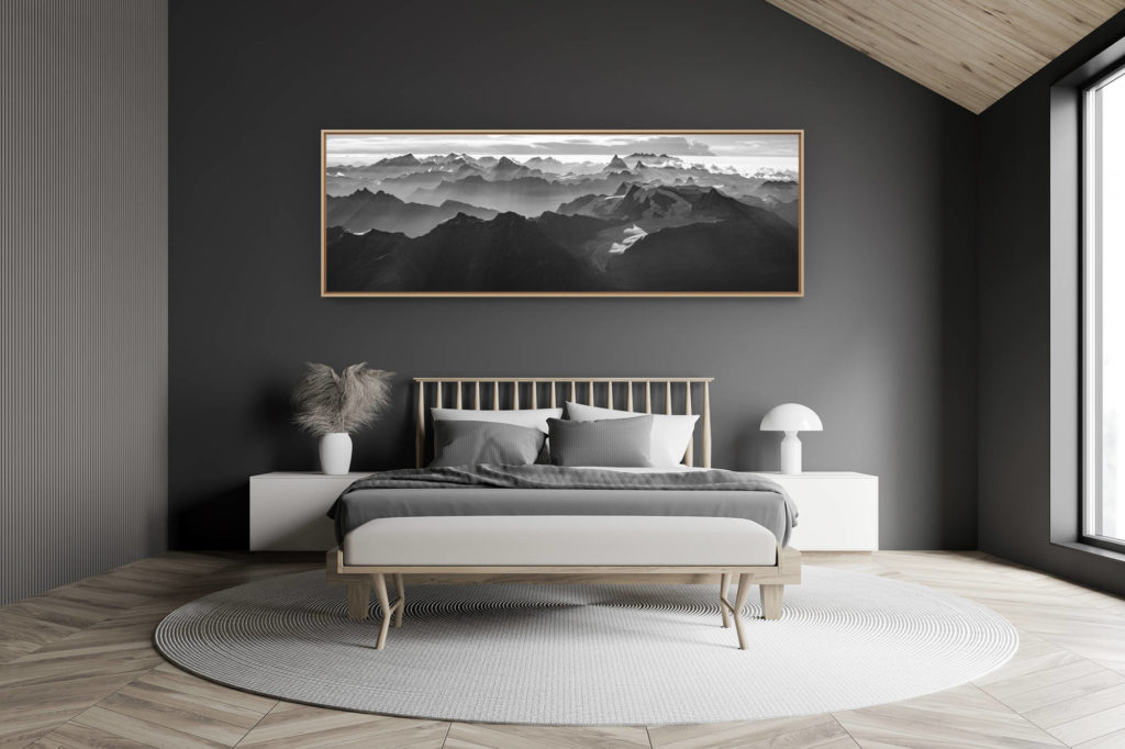 décoration chambre adulte moderne dans petit chalet suisse- photo montagne grand format -