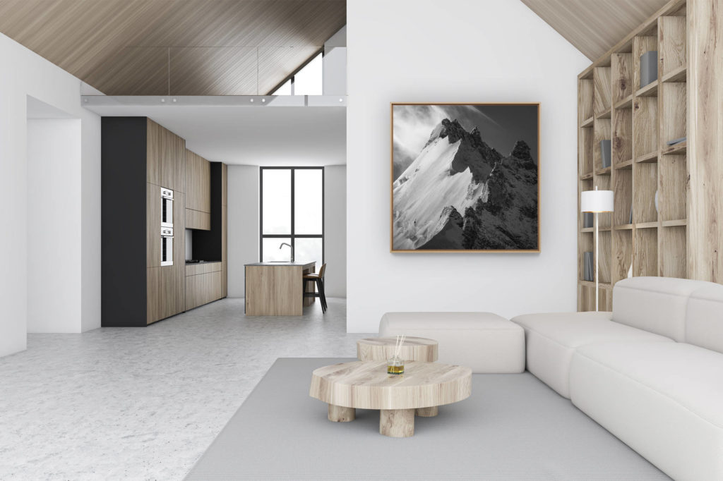 décoration murale chalet luxe rénové - photo montagne noir et blanc -