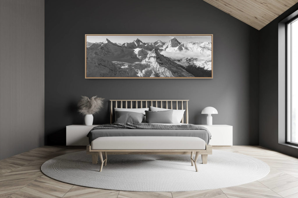 décoration chambre adulte moderne dans petit chalet suisse- photo montagne grand format -