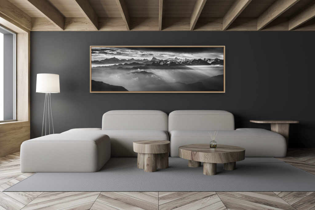 décoration salon chalet moderne - intérieur petit chalet suisse - photo montagne noir et blanc grand format - Panorama de montagne des Alpes Valaisannes et des Dents du midi noir et blanc - Tableau photo à encadrer de Zermatt dans une mer de nuage sous les rayons du soleil