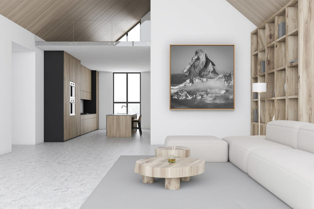 décoration murale chalet luxe rénové - photo montagne noir et blanc - Mont Cervin - Matterhorn - Photo du sommet de montagne proche de Zermatt dans les Alpes Valaisannes en suisse