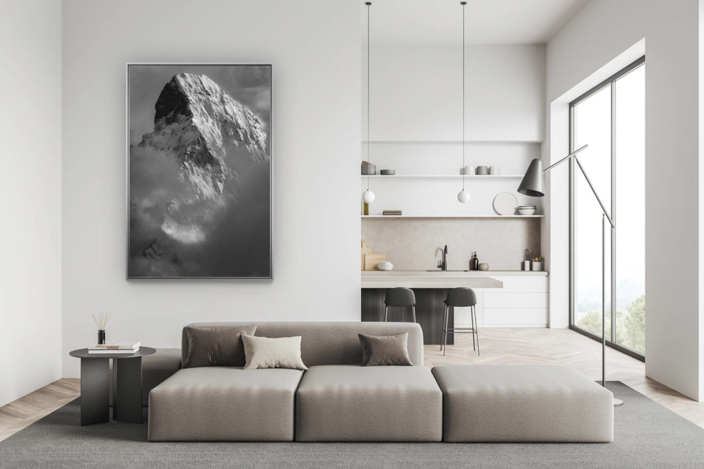 décoration salon suisse moderne - déco montagne photo grand format - Mont Cervin - Matterhorn Zermatt- Encadrement photo bois du Cervin dans les Alpes du Valais en Suisse