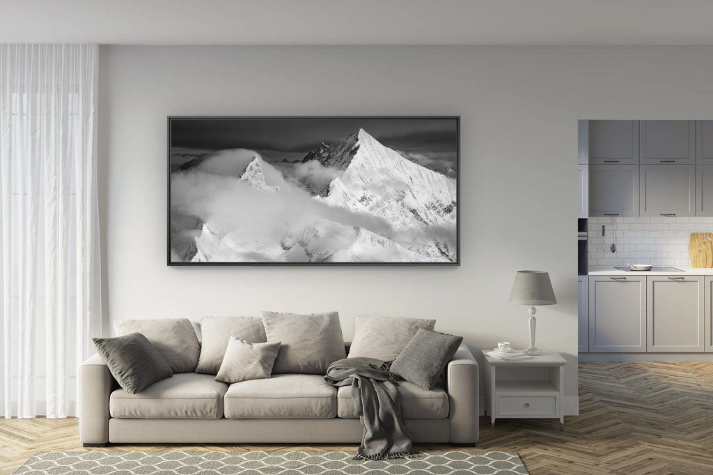 déco salon rénové - tendance photo montagne grand format - Panoramique Zinalrothorn - Photo montagne noir et blanc Weisshorn