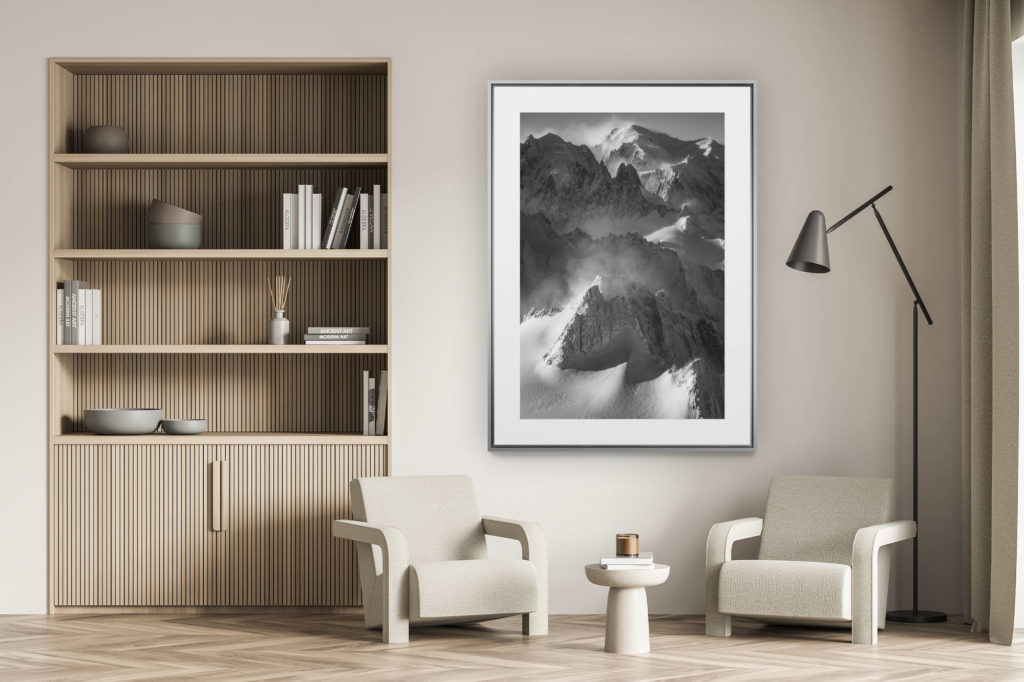 décoration murale salon - photo montagne alpes suisses noir et blanc - Aiguille du Tour - Vue aérienne noir et blanc du mont blanc et l'Aiguille du Midi