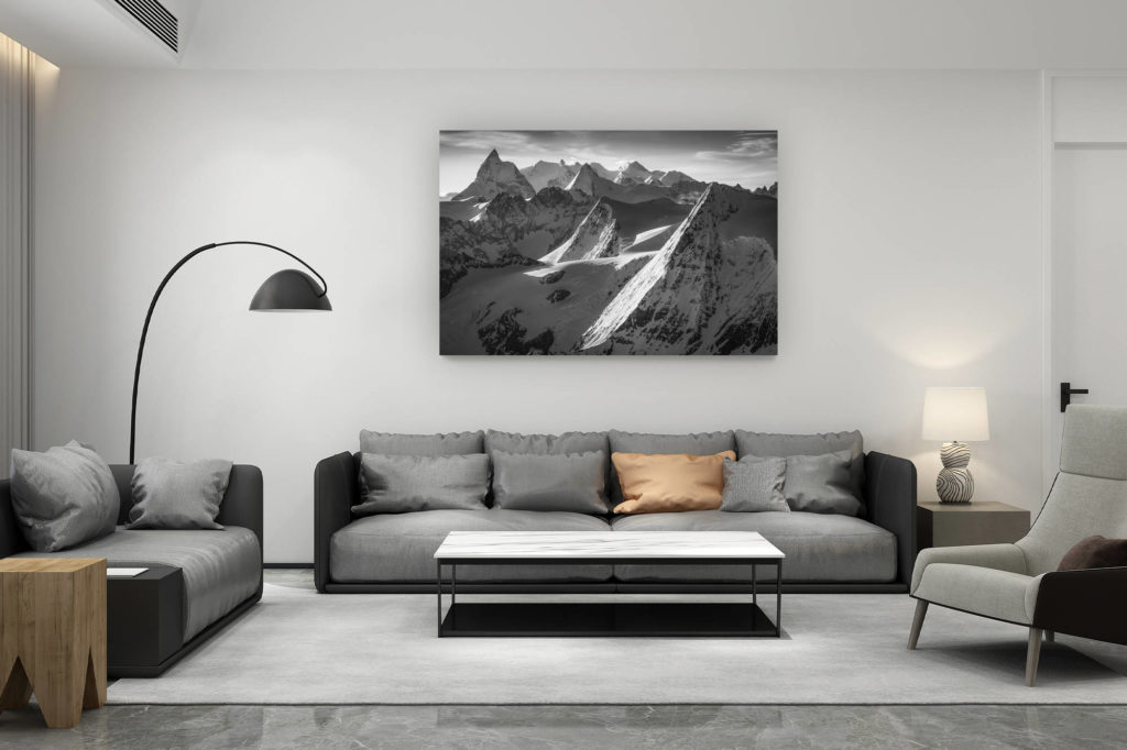 décoration salon contemporain suisse - cadeau amoureux de montagne suisse - Belle photo de montagne - Panorama de montagne dans les Alpes valaisannes dans les environs du Verbier - photo de montagne noir et blanc - paysage de montagne - tableau photo montagne suisse