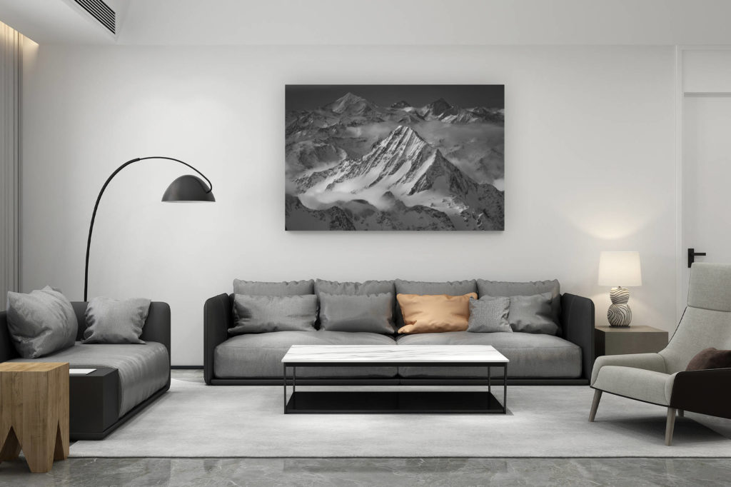 décoration salon contemporain suisse - cadeau amoureux de montagne suisse - photo paysage de montagne noir et blanc - Bietschhorn - Weisshorn - Dent d'Hérens - Dent Blanche - Grand Cornier