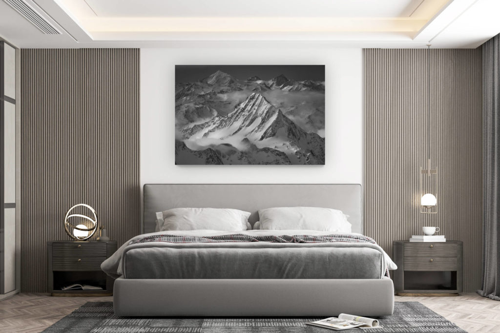 décoration murale chambre design - achat photo de montagne grand format - photo paysage de montagne noir et blanc - Bietschhorn - Weisshorn - Dent d'Hérens - Dent Blanche - Grand Cornier