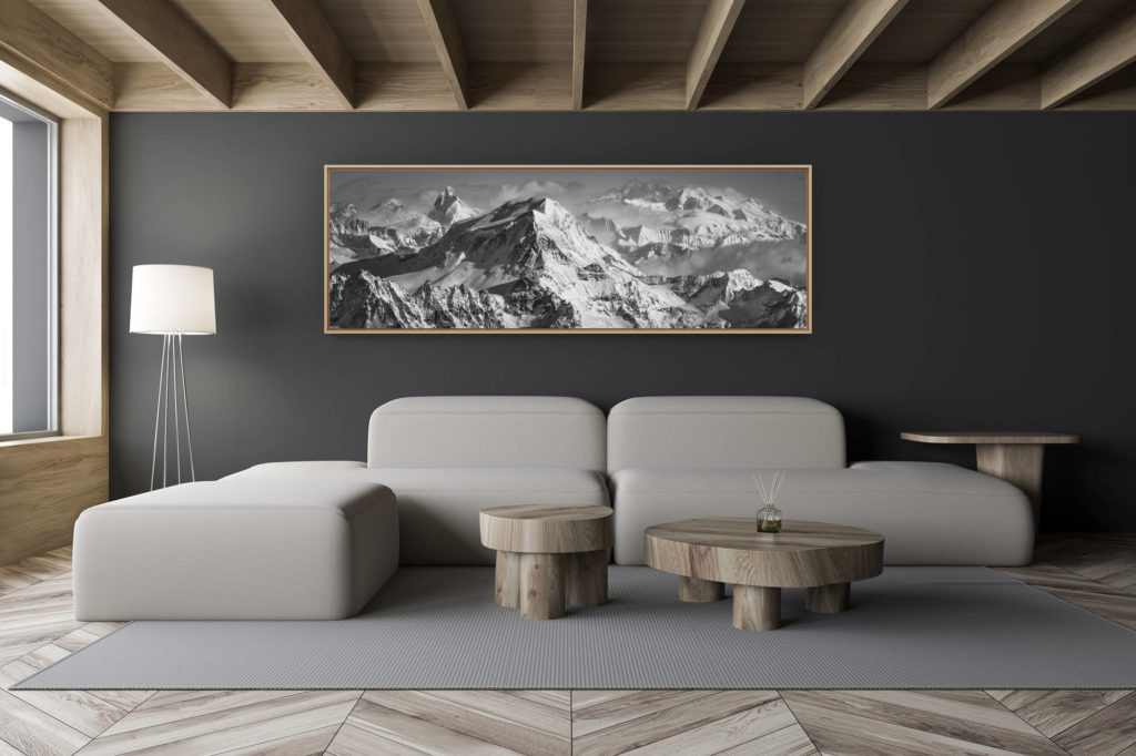 décoration salon chalet moderne - intérieur petit chalet suisse - photo montagne noir et blanc grand format - Mont Rose - Mont Cervin - Combin - photo panoramique massif des Alpes suisses et des massif montagneux