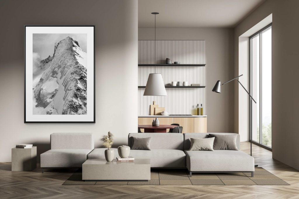 déco tendance salon moderne - photo montagne noir et blanc grand format - Chamonix-Zermatt - Image de paysage de montagne en noir et blanc de la Dent d'Hérens depuis la tête blanche dans les Alpes en Suisse