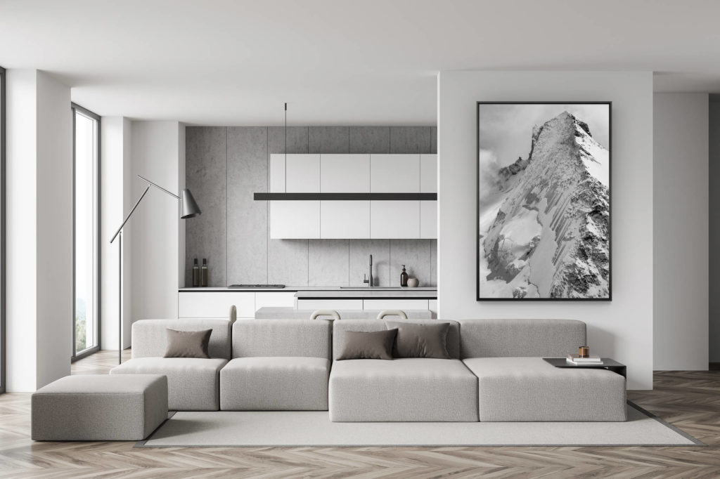 décoration murale salon suisse - photo montagne noir et blanc - déco salle à manger tendance - Chamonix-Zermatt - Image de paysage de montagne en noir et blanc de la Dent d'Hérens depuis la tête blanche dans les Alpes en Suisse