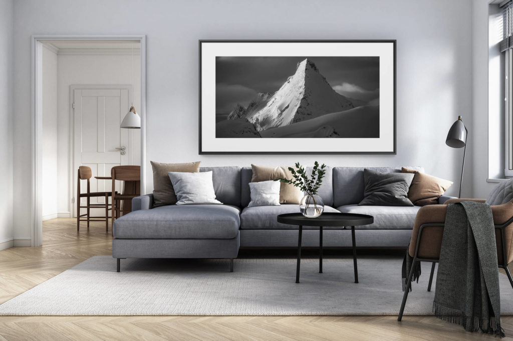 décoration intérieur salon rénové suisse - photo alpes panoramique grand format - Image neige montagne noir et blanc - Panorama des Alpes -  Soleil  de l'Aube et du crépuscule sur Dent D'Hérens