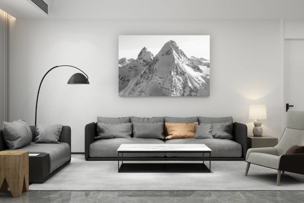 décoration salon contemporain suisse - cadeau amoureux de montagne suisse - Dent D'hérens Mont Cervin en noir et blanc - image des sommet des alpes suisses