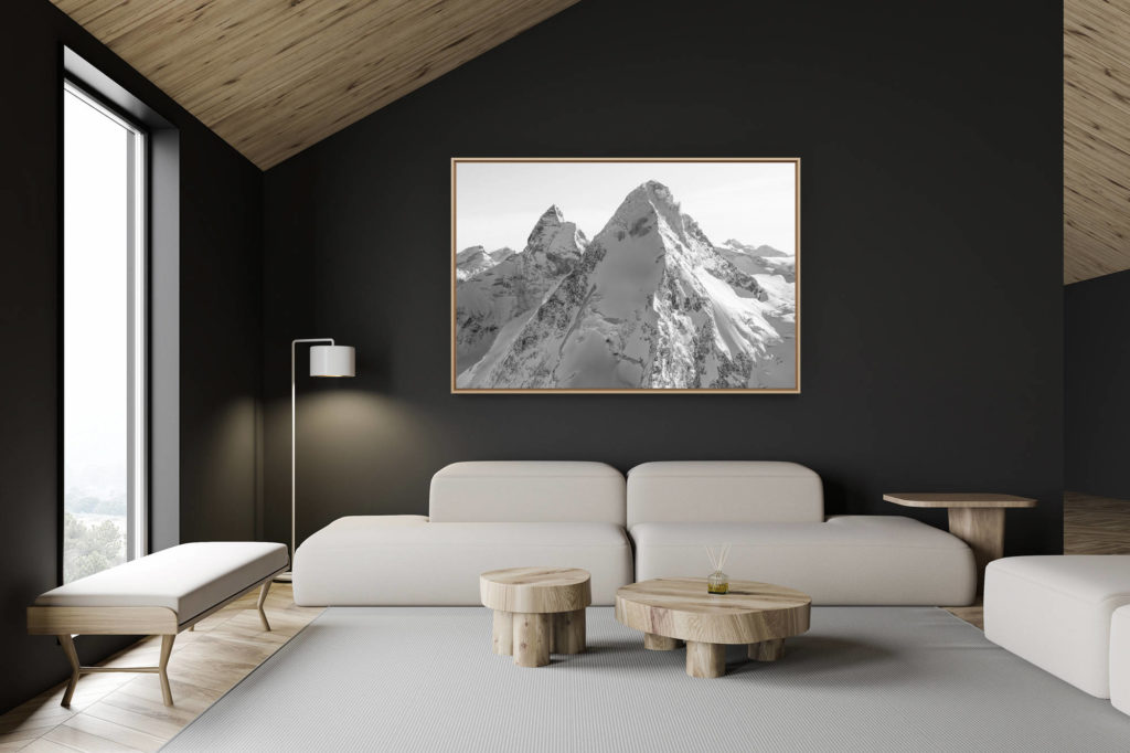 décoration chalet suisse - intérieur chalet suisse - photo montagne grand format - Dent D'hérens Mont Cervin en noir et blanc - image des sommet des alpes suisses