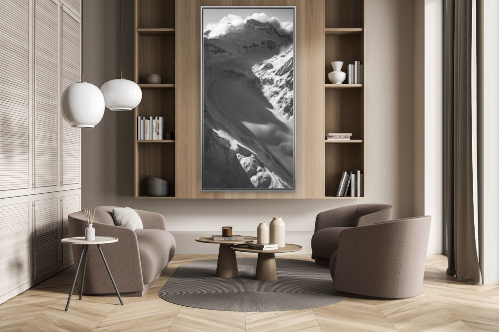 décoration salon suisse amoureux montagne - décoration murale verticale - Glacier de Corbassière - photo de montagne noir et blanc a imprimer