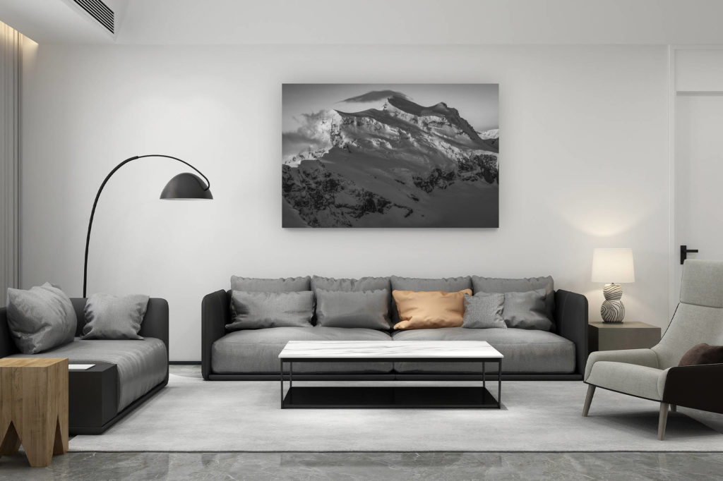 décoration salon contemporain suisse - cadeau amoureux de montagne suisse - Photo de montagne à Verbier Suisse val de bagnes - image de montagne enneigée en noir et blanc