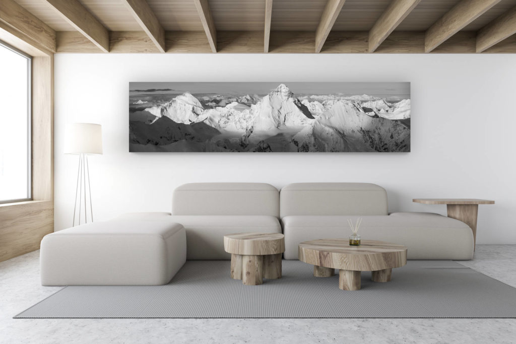 décoration intérieur chalet de montagne suisse - photo de montagne noir et blanc - poster montagne panoramique des 4000 du val d'Anniviers en Alpes Valaisannes noir et blanc