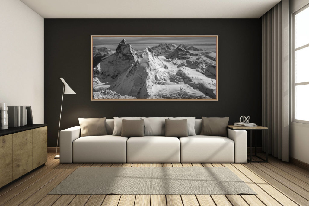 déco salon chalet rénové de montagne - photo montagne grand format -  - panorama montagnes suisses noir et blanc - achat oeuvre d'art Cervin