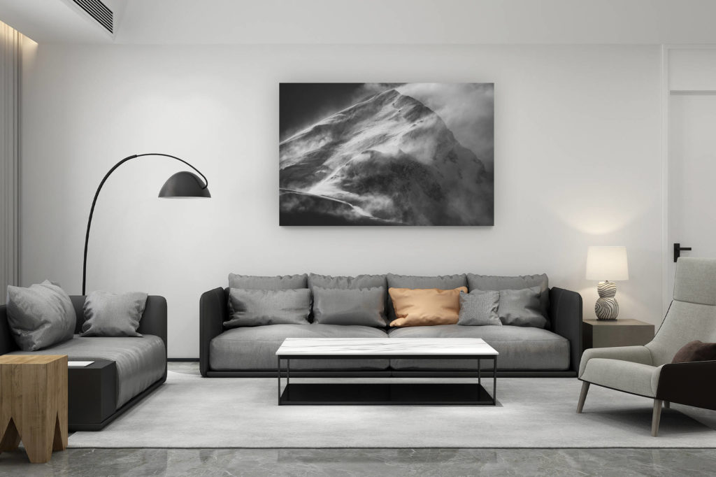 décoration salon contemporain suisse - cadeau amoureux de montagne suisse - Sommet Mont Blanc - Image noir et blanc de la Voie normale et la voie du gouter après une tempête de neige en montagne