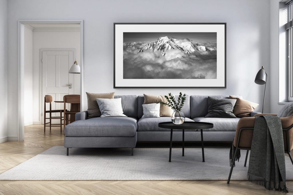 décoration intérieur salon rénové suisse - photo alpes panoramique grand format - telepherique aiguille du midi - panoramique mont blanc - météo aiguille du midi nuage - photo artistique chamonix