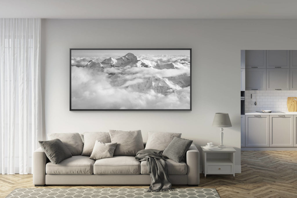 déco salon rénové - tendance photo montagne grand format - Panorama mont blanc - panorama montagne suisse massif du mont blanc panorama en noir et blanc