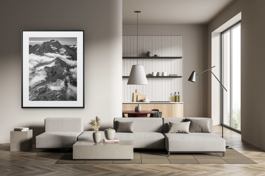 déco tendance salon moderne - photo montagne noir et blanc grand format - photographie de montagne noir et blanc - premières neiges sur les Alpes