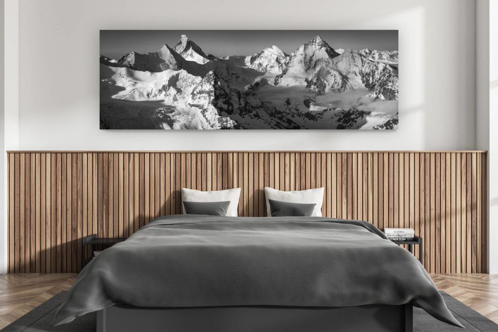 décoration murale chambre adulte moderne - intérieur chalet suisse - photo montagnes grand format alpes suisses - Val d'Anniviers - photo panoramique des montagnes Suisses rocheuse dans les Alpes noir et blanc