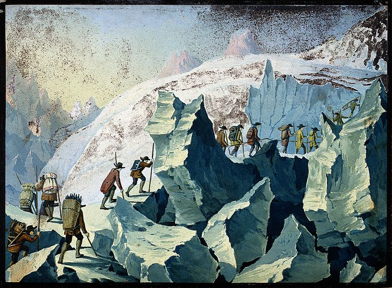 Peinture d'Horace Bénédict de Saussure et ses compagnons en train de franchir un glacier pour aller au mont Blanc