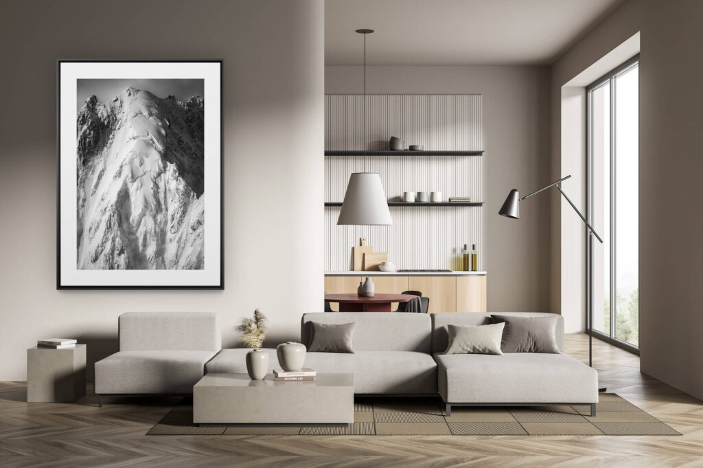 déco tendance salon moderne - photo montagne noir et blanc grand format - photo aiguille verte couloirs couturier et cordier chamonix