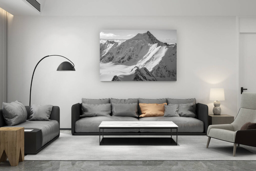 décoration salon contemporain suisse - cadeau amoureux de montagne suisse - Aletschhorn - photo de montagne en neige et Randonneurs dans les Alpes Bernoises en Suisse