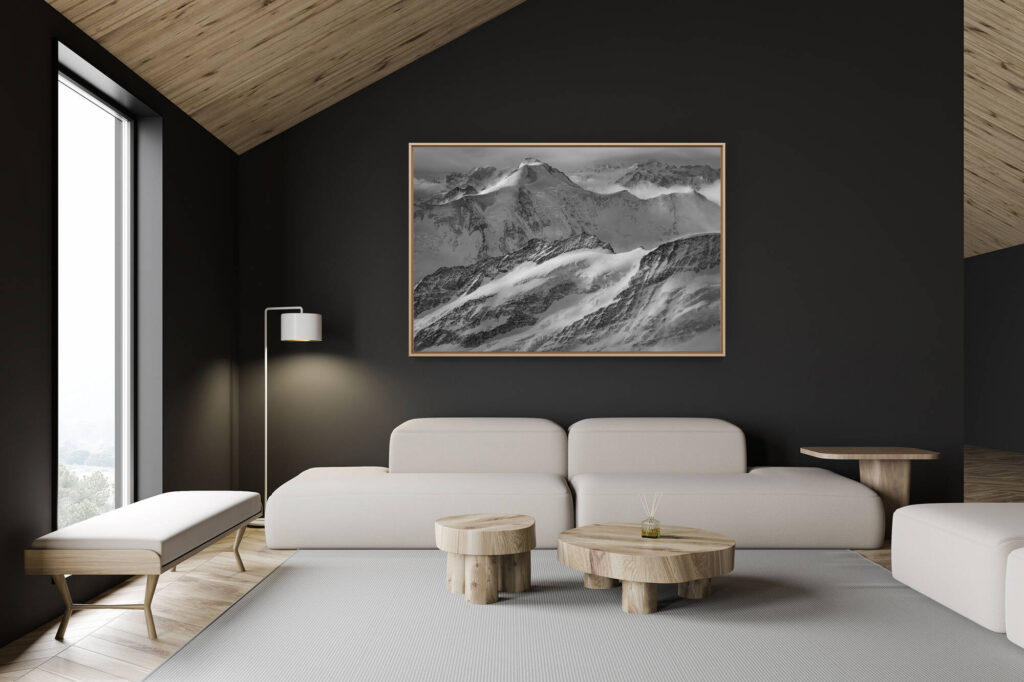 décoration chalet suisse - intérieur chalet suisse - photo montagne grand format - Aletschhorn - Image noir et blanc des montagnes suisses dans les Alpes Bernoises