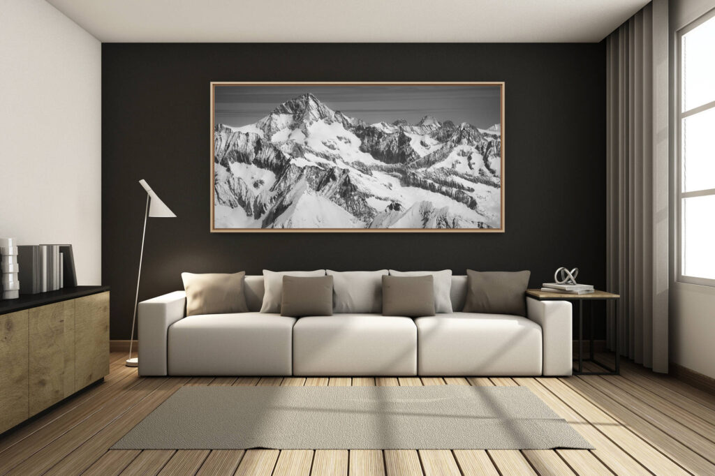 déco salon chalet rénové de montagne - photo montagne grand format -  - Aletschhorn et Alpes bernoises noir et blanc - Photo des sommets Alpes et des massif montagneux de Suisse