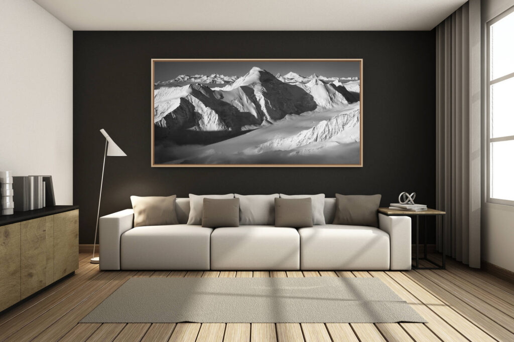 déco salon chalet rénové de montagne - photo montagne grand format -  - photo panoramique Aletschhorn et montagnes du valais