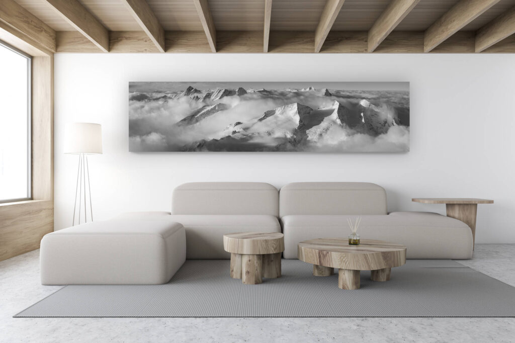 décoration intérieur chalet de montagne suisse - photo de montagne noir et blanc - Panorama montagne noir et blanc des Alpes Bernoises en suisse