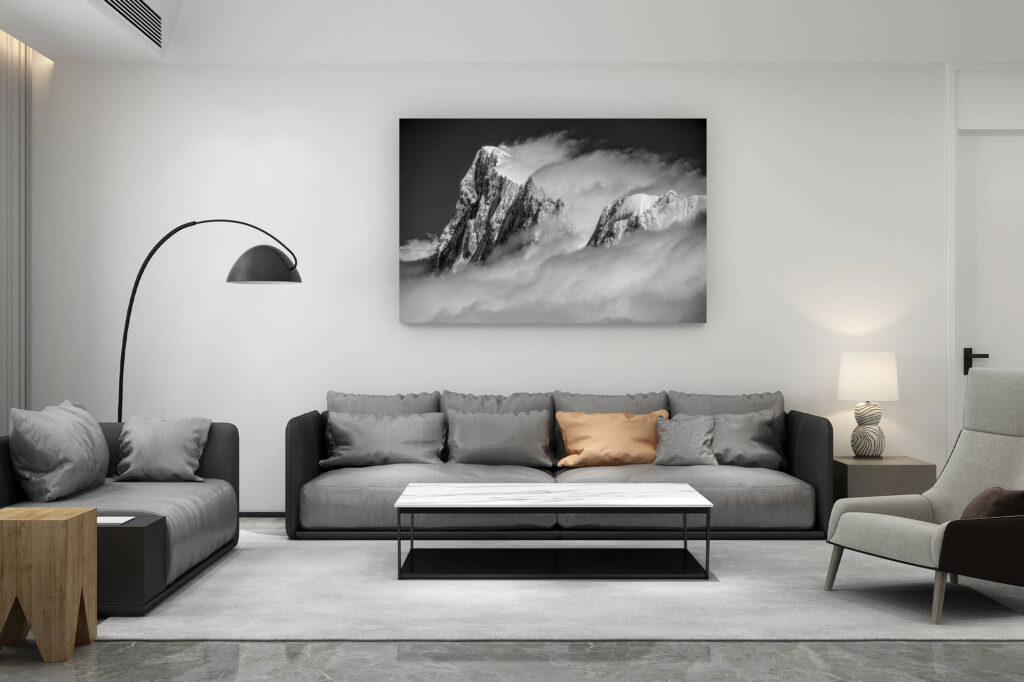 décoration salon contemporain suisse - cadeau amoureux de montagne suisse - Photo du mont blanc - Massif du Mont-Blanc noir et blanc - Grandes Jorasses et Calote Rochefort