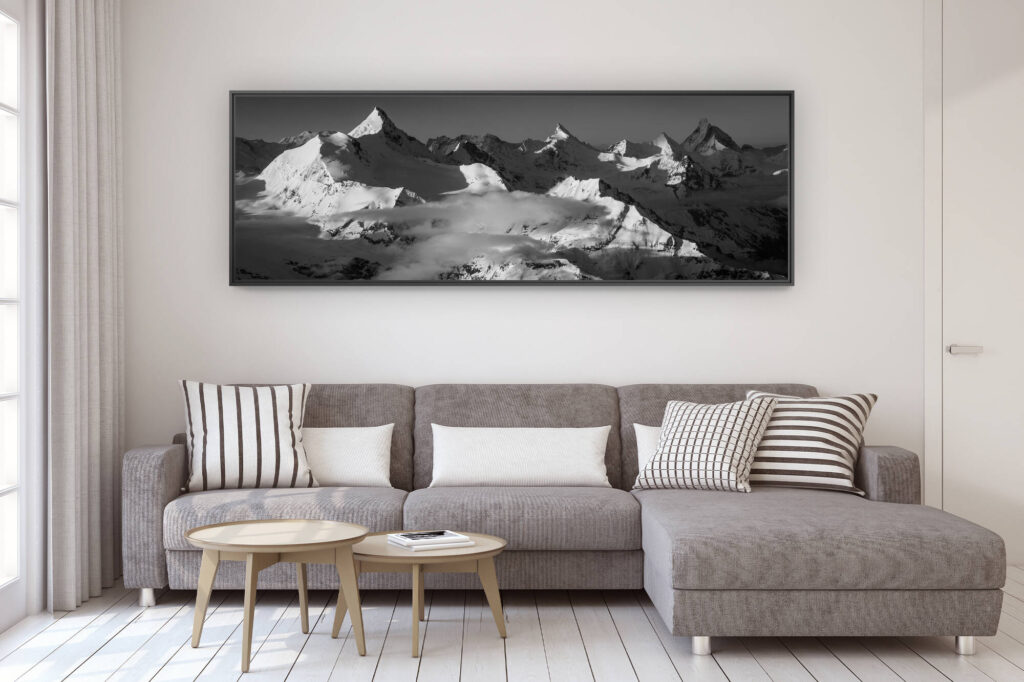 décoration murale design salon moderne - photo montagne grand format - Image montagne Valais suisse - Photo de montagne en noir et blanc Alpes - tableau panorama montagne - photo montagne coucher de soleil