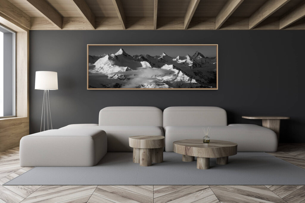 décoration salon chalet moderne - intérieur petit chalet suisse - photo montagne noir et blanc grand format - Image montagne Valais suisse - Photo de montagne en noir et blanc Alpes - tableau panorama montagne - photo montagne coucher de soleil