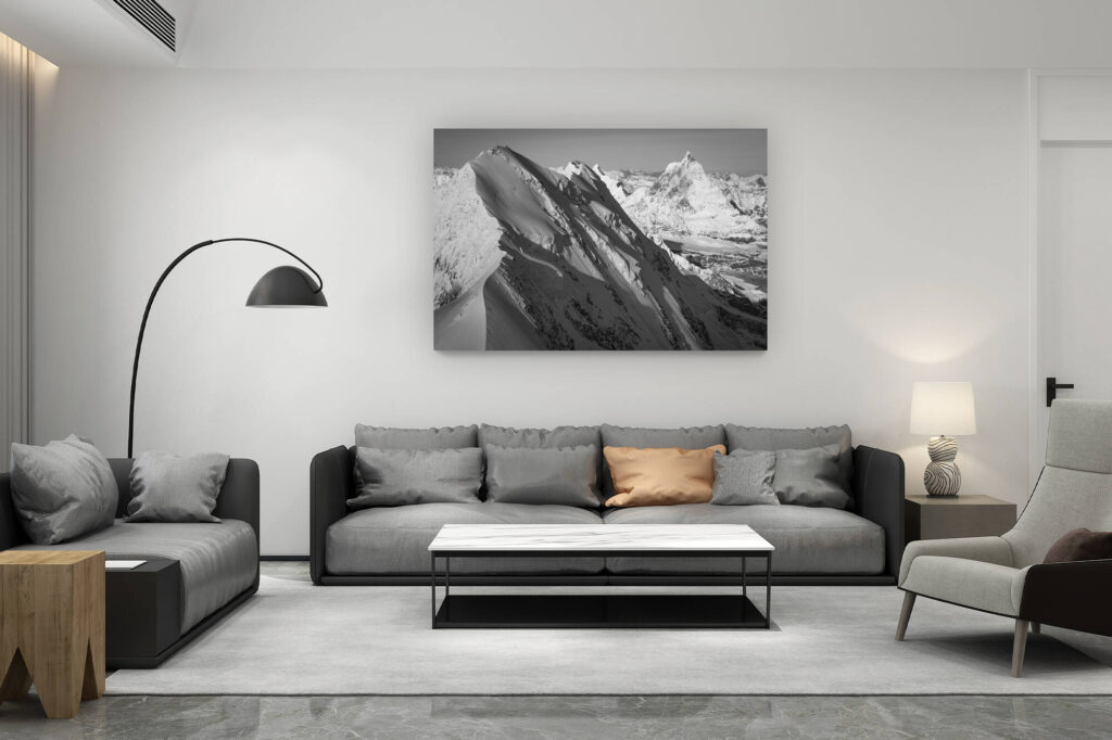 décoration salon contemporain suisse - cadeau amoureux de montagne suisse - Zermatt Suisse - Lyskamm - Vallée de zermatt : montagne en automne en noir et blanc