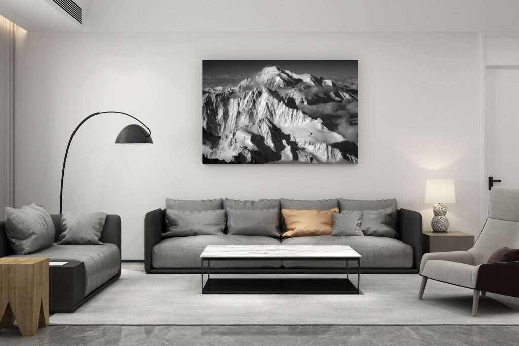 décoration salon contemporain suisse - cadeau amoureux de montagne suisse - photo Massif du Mont-Blanc en noir et Blanc - Image mont blanc Chamonix