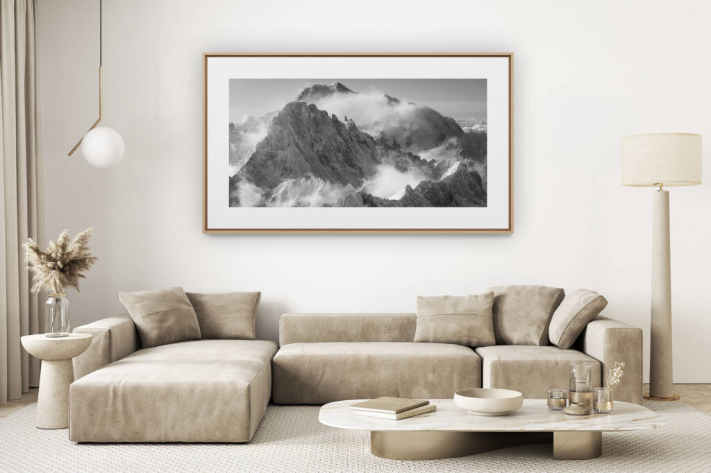 décoration salon clair rénové - photo montagne grand format - photo noir et blanc du mont blanc - Poster panoramique image mont blanc