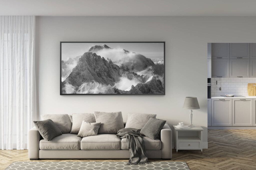 déco salon rénové - tendance photo montagne grand format - photo noir et blanc du mont blanc - Poster panoramique image mont blanc