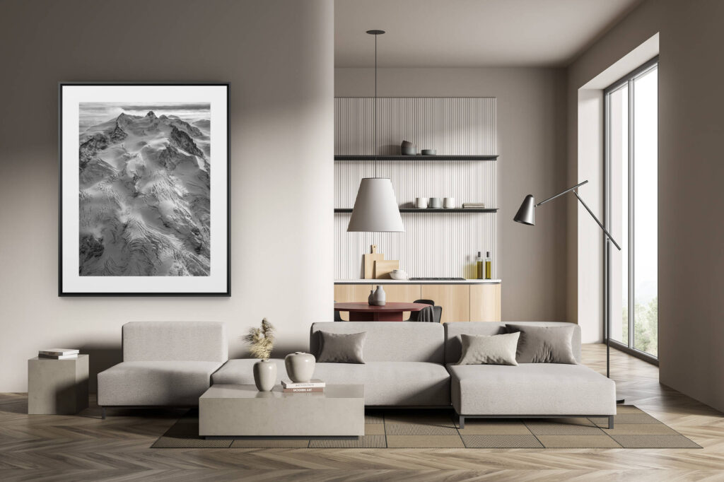 déco tendance salon moderne - photo montagne noir et blanc grand format -