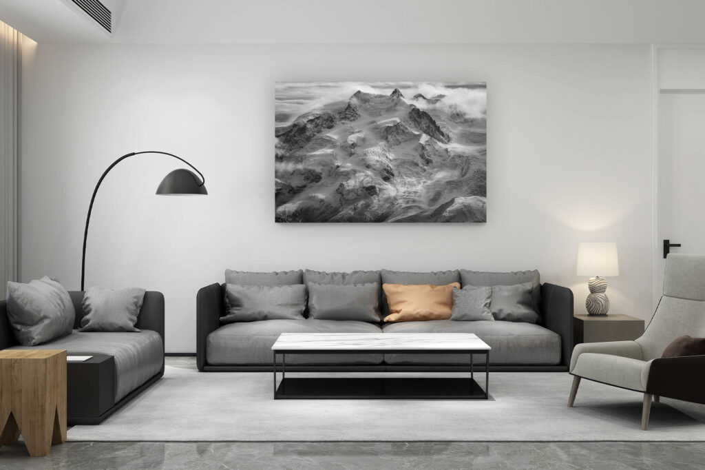 décoration salon contemporain suisse - cadeau amoureux de montagne suisse - photo monte rosa noir et blanc - photo des glaciers de zermatt