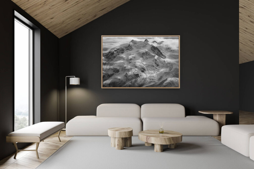 décoration chalet suisse - intérieur chalet suisse - photo montagne grand format - photo monte rosa noir et blanc - photo des glaciers de zermatt