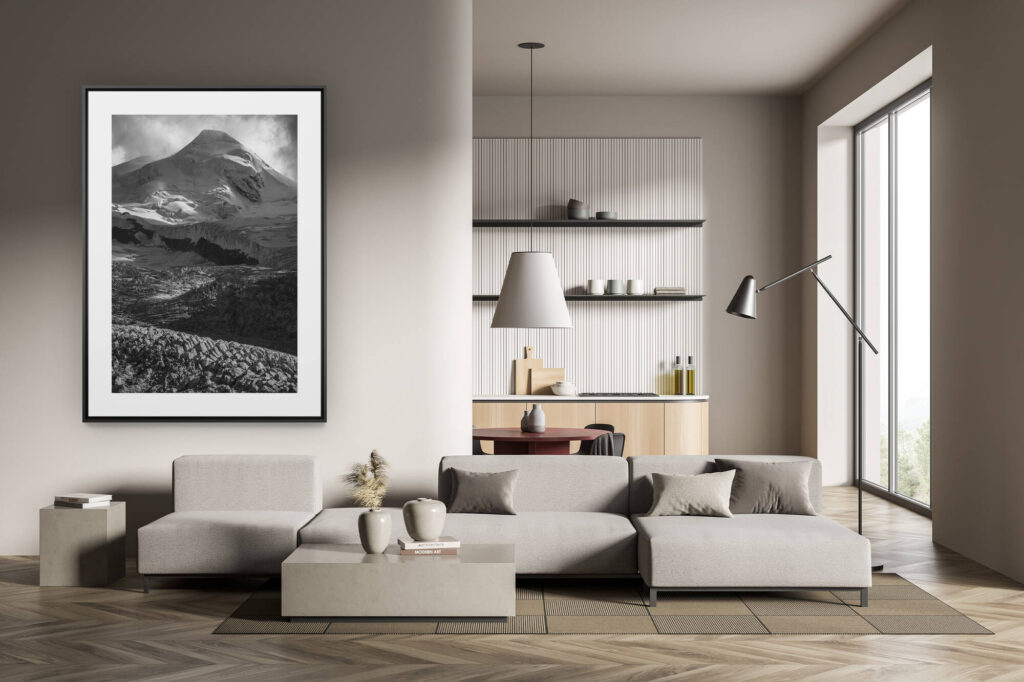 déco tendance salon moderne - photo montagne noir et blanc grand format - montagne et glaciers dans les alpes - pollux à Zermatt