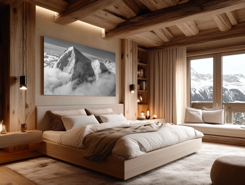 Chambre alpine avec mur en mélèze blanchi et photographie d’un paysage enneigé – Une pièce épurée où le bois clair et patiné s’harmonise avec une photographie minimaliste d’une pente immaculée, captant la douceur et la sérénité des neiges éternelles.