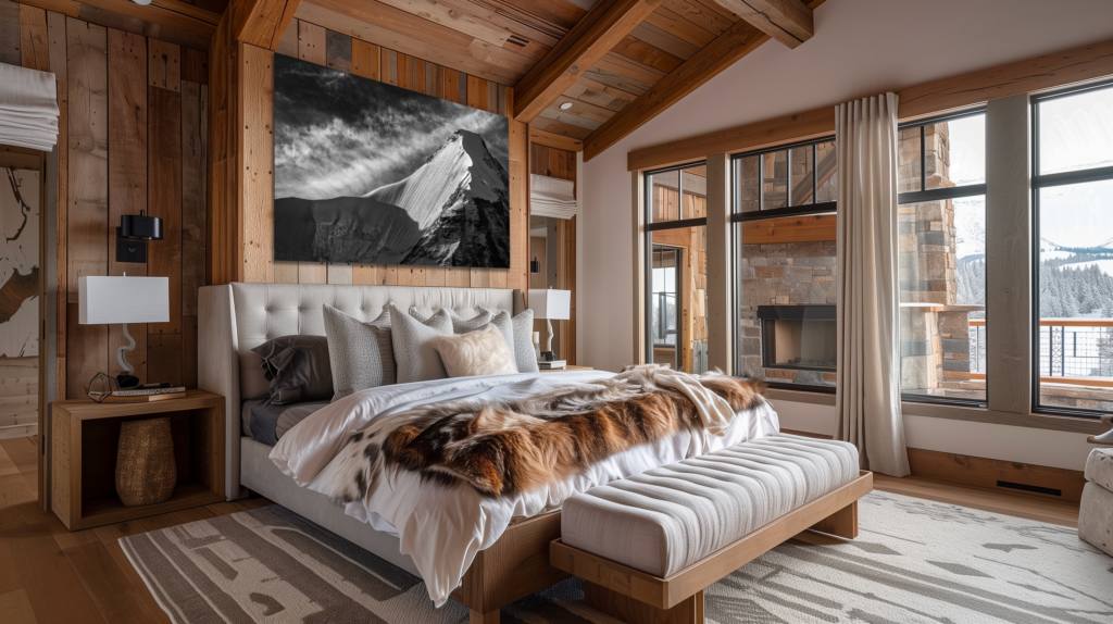 Chambre chaleureuse d'un chalet alpin contemporain avec décoration boisée, présentant une photographie artistique en noir et blanc de l'Obergabelhorn.